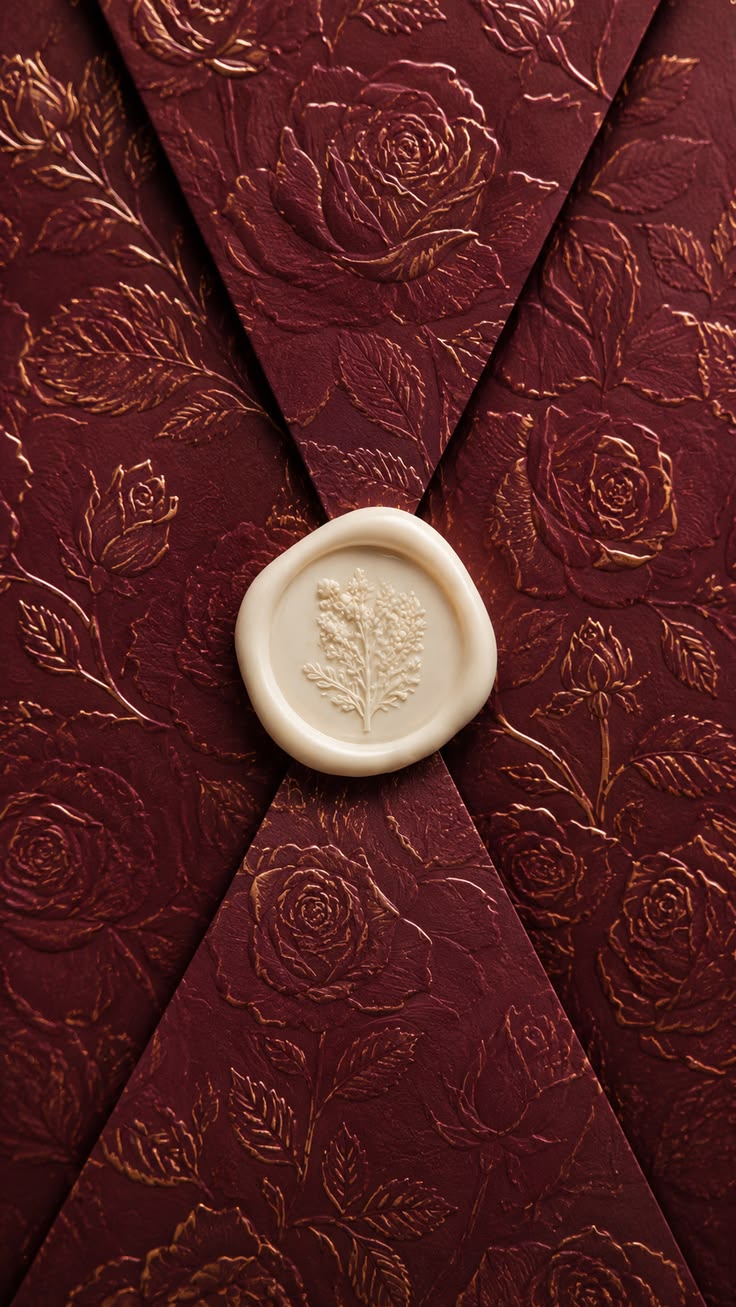 Invitation scellée : sceau de cire ivoire sur papier bordeaux gaufré de roses